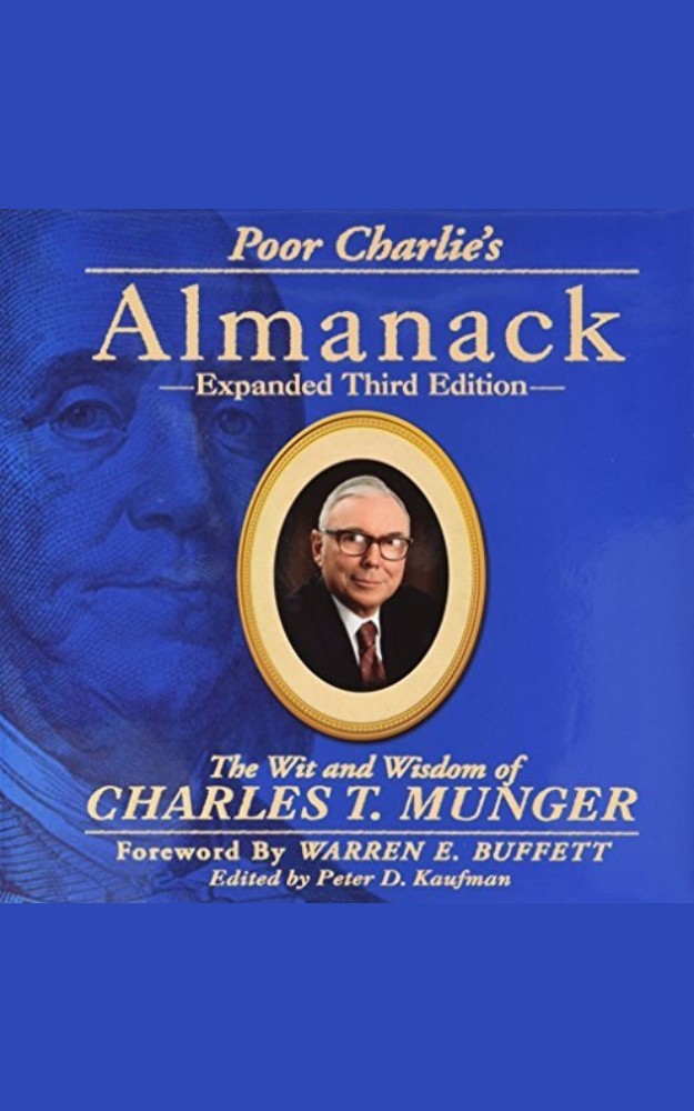 Poor Charlie's Almanack by Charlie Munger: "Poor Charlie's Almanack by Charlie Munger book cover with the title and a portrait of Charlie Munger on a beige background.