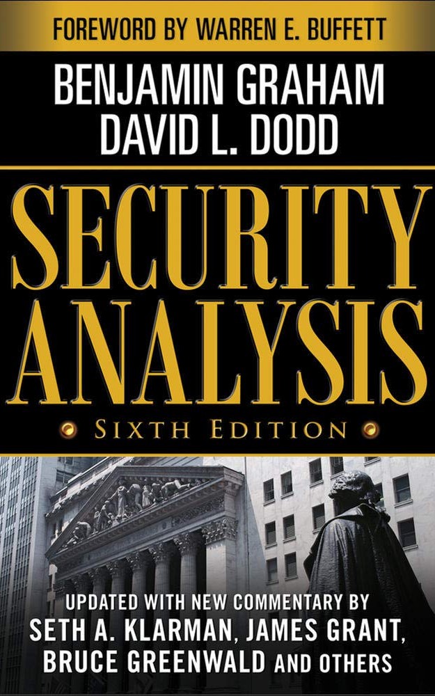 Security Analysis by Benjamin Graham and David Dodd: "Security Analysis by Benjamin Graham and David Dodd book cover with the title in bold text against a dark background.