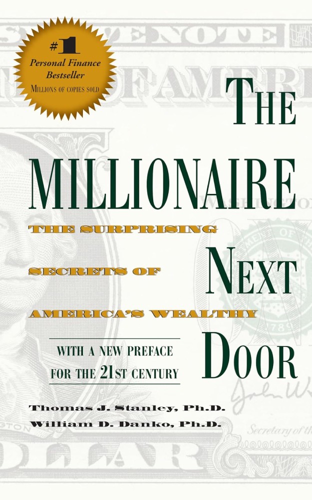 The Millionaire Next Door by Thomas J. Stanley and William D. Danko: "The Millionaire Next Door by Thomas J. Stanley and William D. Danko book cover with the title in large green text on a white background.