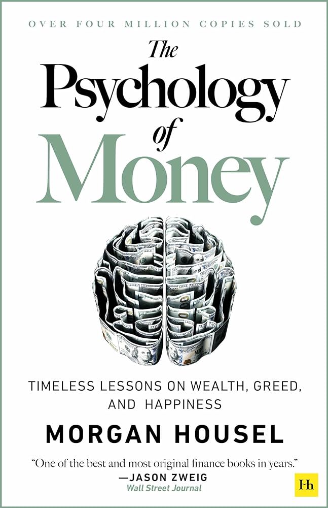 The Psychology of Money by Morgan Housel: "The Psychology of Money by Morgan Housel book cover featuring the title and a brain-shaped tree illustration on a white background.