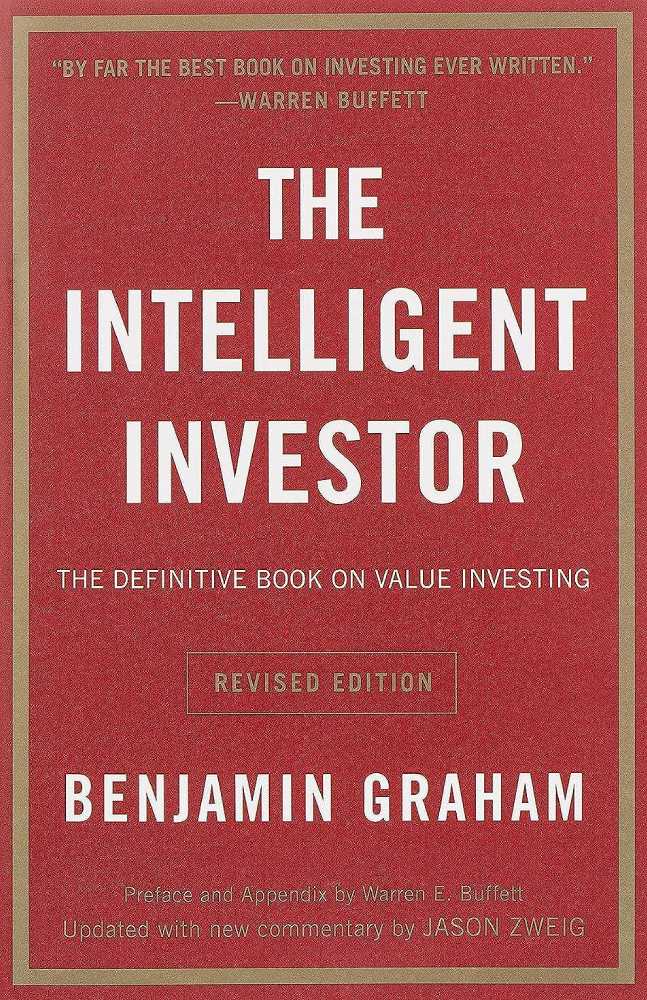 The Intelligent Investor by Benjamin Graham: "The Intelligent Investor by Benjamin Graham book cover with the title in bold, white text on a solid red background