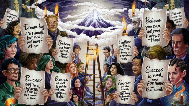 An illustration promoting goal setting with powerful quotes. A diverse group holds papers displaying inspiring messages like "Dream big, start small" and "Success is not final." Symbols of achievement, like a ladder reaching for the sky, fill the background. The overall mood is motivational and empowering.