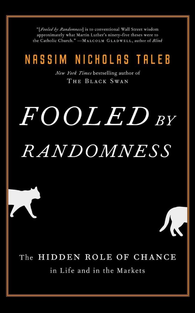 Fooled by Randomness by Nassim Nicholas Taleb: "Fooled by Randomness by Nassim Nicholas Taleb book cover featuring the title and a dice illustration on a dark background.