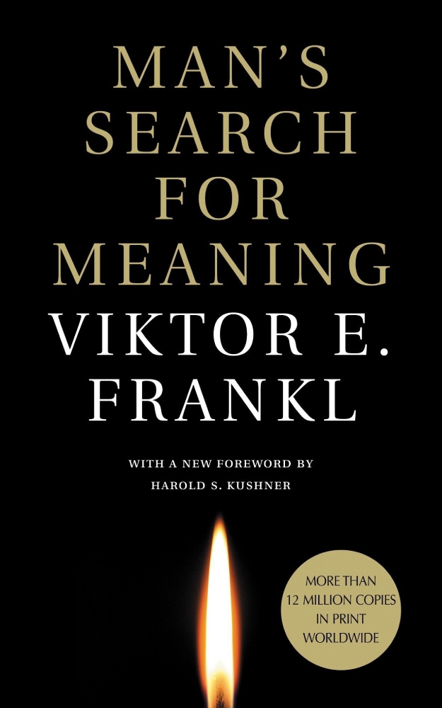 Man’s Search for Meaning by Viktor E. Frankl: "Man’s Search for Meaning by Viktor E. Frankl book cover with the title and author's name in bold letters against a serene background.