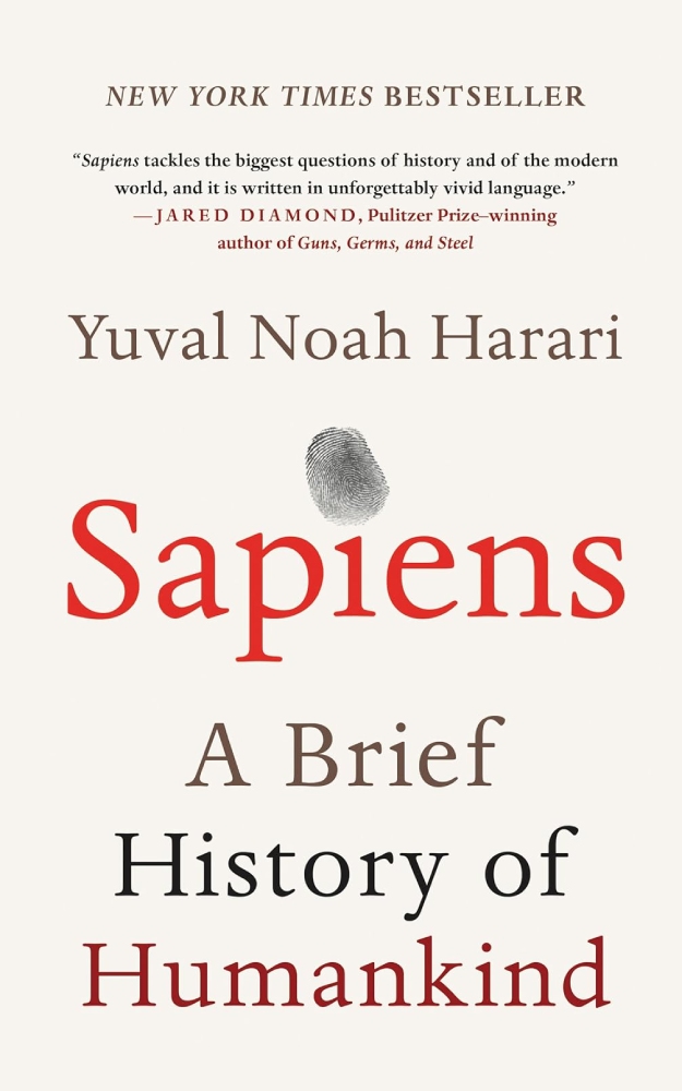 Sapiens: A Brief History of Humankind by Yuval Noah Harari: "Sapiens: A Brief History of Humankind by Yuval Noah Harari book cover featuring the title and a fingerprint image on a white background.