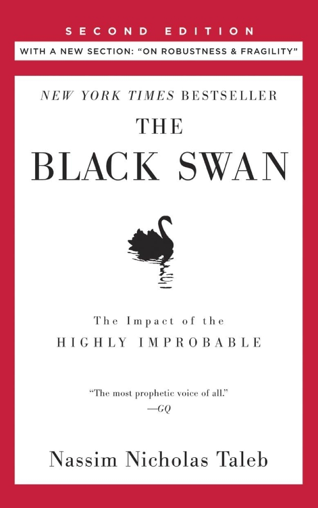 The Black Swan: The Impact of the Highly Improbable by Nassim Nicholas Taleb: "The Black Swan: The Impact of the Highly Improbable by Nassim Nicholas Taleb book cover featuring the title and a black swan illustration.